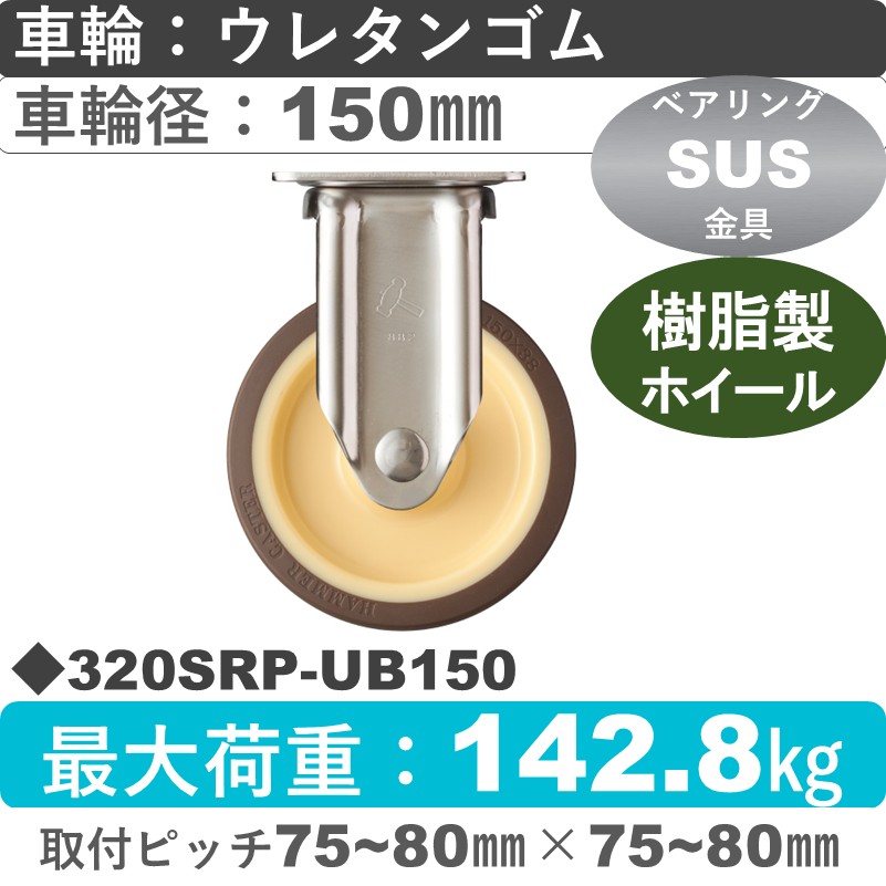 320SRP-UB150 ハンマーキャスター ステンレス 固定金具 ウレタン車(熱可塑性・B入)150㎜