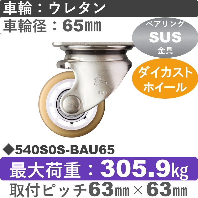 540S0S-BAU65 ハンマーキャスター ステンレス 自在金具 ウレタン車(熱硬化性・B入)65㎜