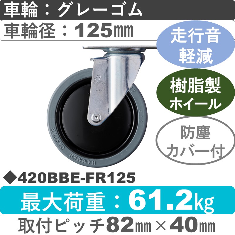 420BBE-FR125 ハンマーキャスター 静か 自在金具 ゴム(B入)車125㎜