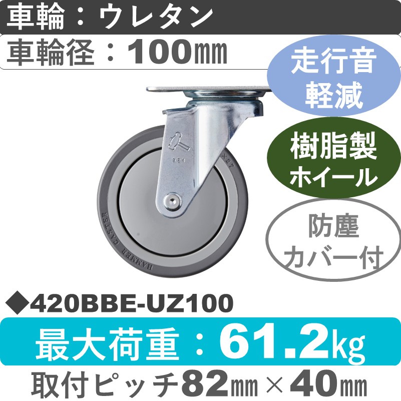 420BBE-UZ100 ハンマーキャスター 静か 自在金具 ウレタン車(熱可塑性・B入)100㎜