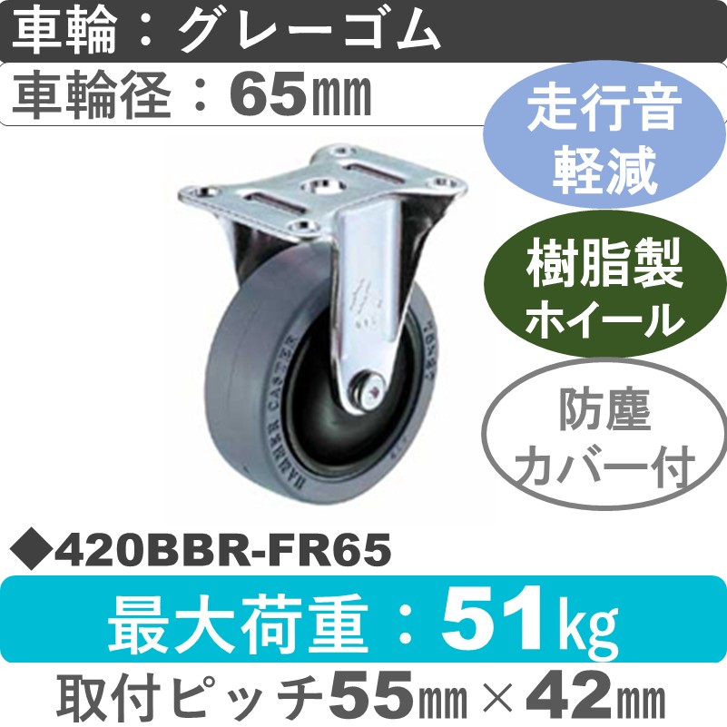 420BBR-FR65 ハンマーキャスター 静か 固定金具 ゴム(B入)車65㎜