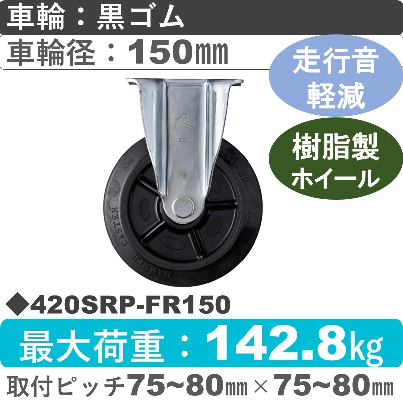 420SRP-FR150 ハンマーキャスター 静か 固定金具 ゴム(B入)車150㎜