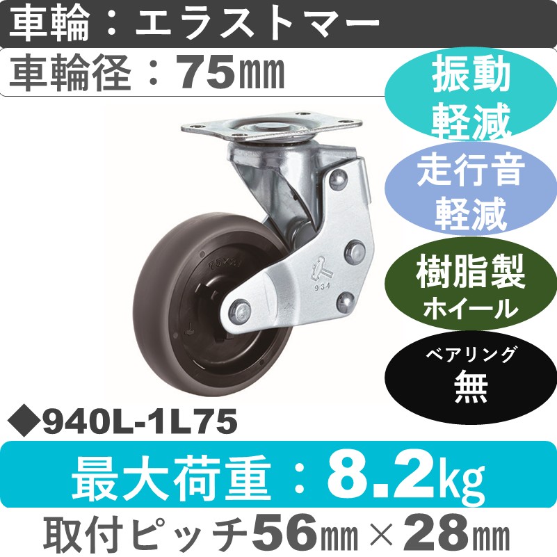 940L-1L75 ハンマーキャスター クッションキャスター 自在金具 エラストマー車75㎜