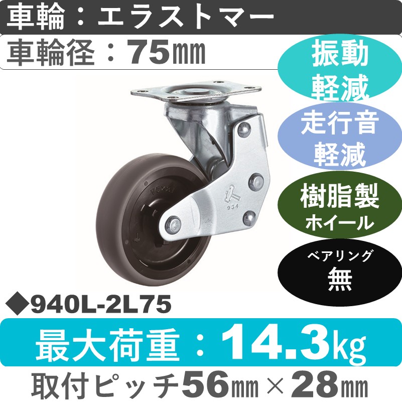 940L-2L75 ハンマーキャスター クッションキャスター 自在金具 エラストマー車75㎜