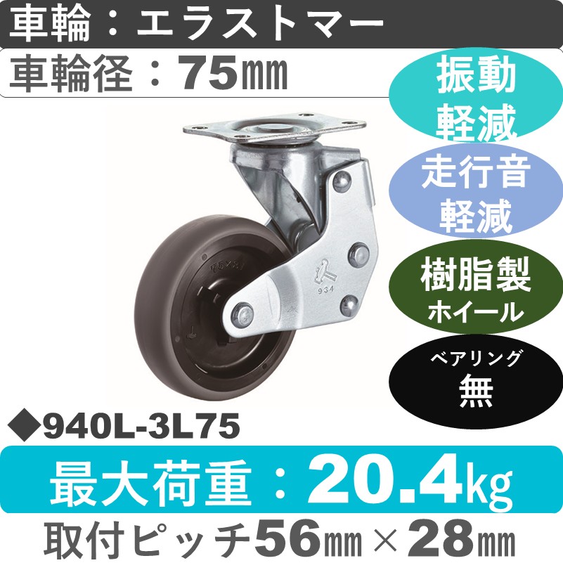 940L-3L75 ハンマーキャスター クッションキャスター 自在金具 エラストマー車75㎜