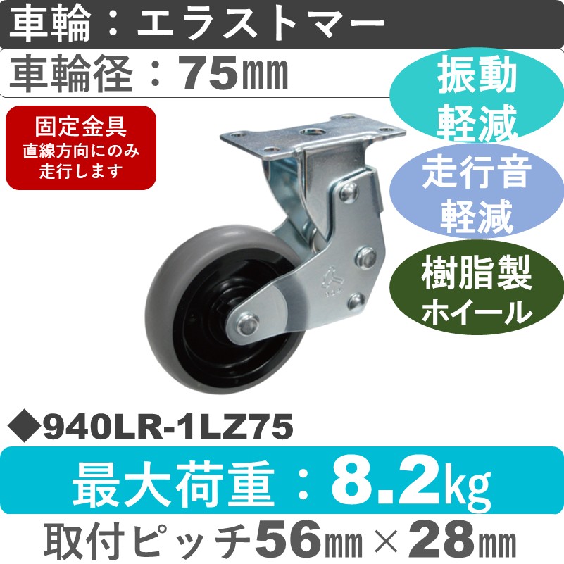 940LR-1LZ75 ハンマーキャスター クッションキャスター 固定金具 エラストマー車75㎜