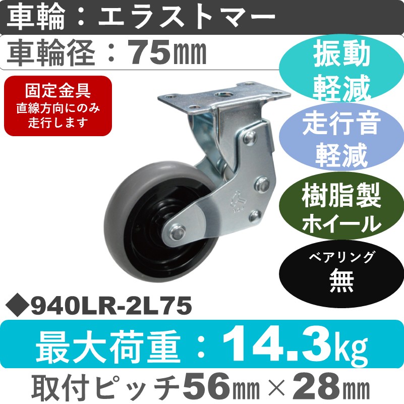 940LR-2L75 ハンマーキャスター クッションキャスター 固定金具 エラストマー車75㎜