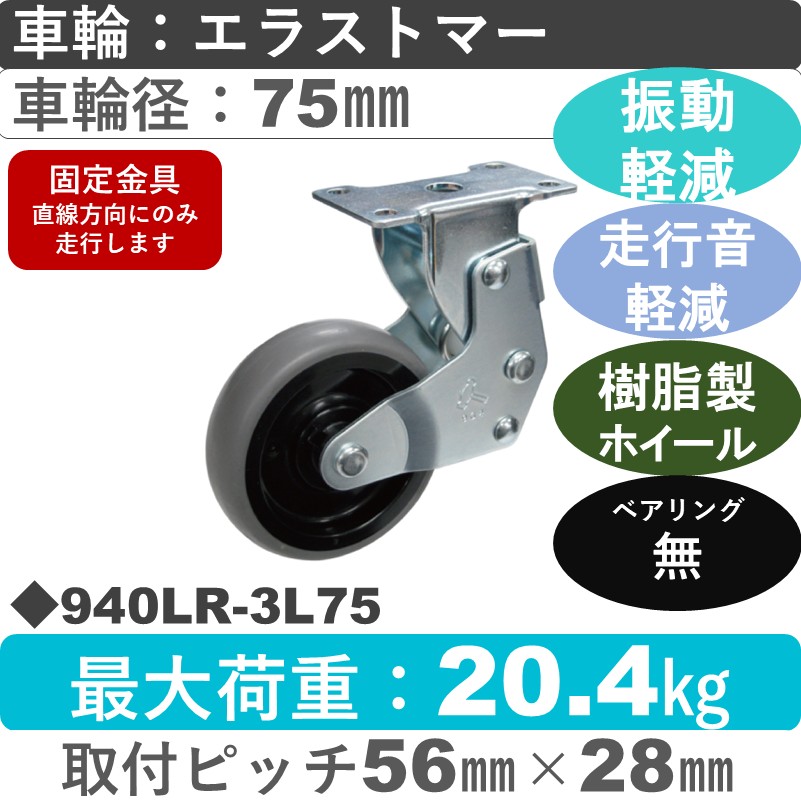 940LR-3L75 ハンマーキャスター クッションキャスター 固定金具 エラストマー車75㎜
