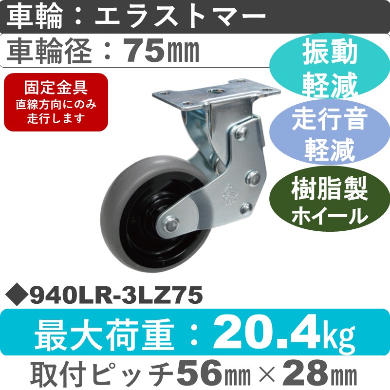 940LR-3LZ75 ハンマーキャスター クッションキャスター 固定金具 エラストマー車75㎜