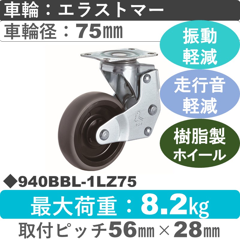 940BBL-1LZ75 ハンマーキャスター クッションキャスター 自在金具 エラストマー(B入)車75㎜