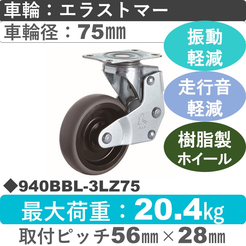 940BBL-3LZ75 ハンマーキャスター クッションキャスター 自在金具 エラストマー(B入)車75㎜