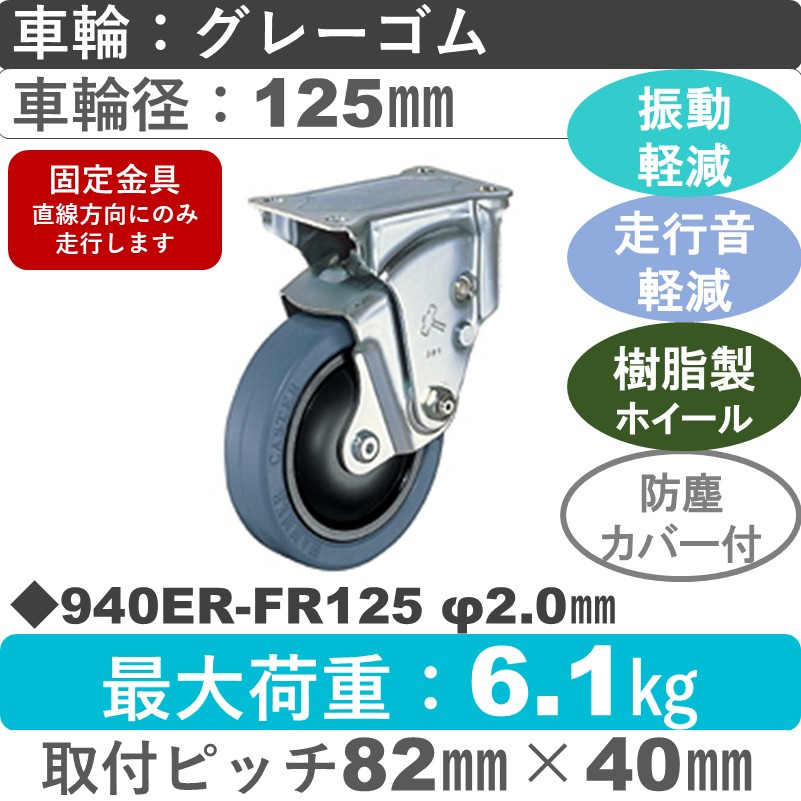 940ER-FR125 2.0 ハンマーキャスター クッションキャスター 固定金具 ゴム(B入)車125㎜