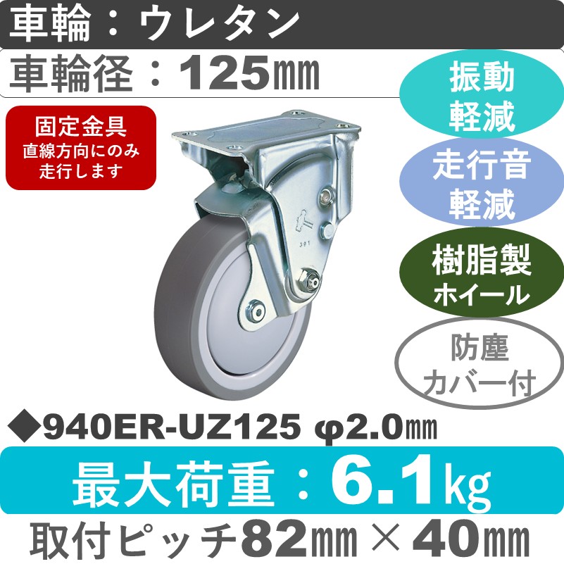 940ER-UZ125 2.0 ハンマーキャスター クッションキャスター 固定金具 ウレタン車(熱可塑性・B入)125㎜