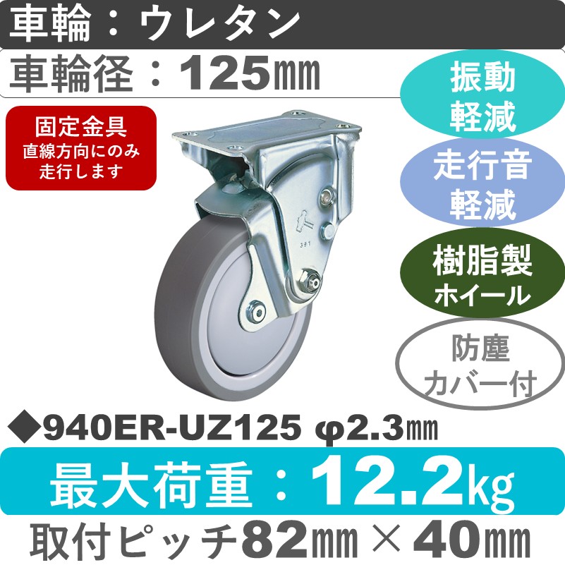 940ER-UZ125 2.3 ハンマーキャスター クッションキャスター 固定金具 ウレタン車(熱可塑性・B入)125㎜