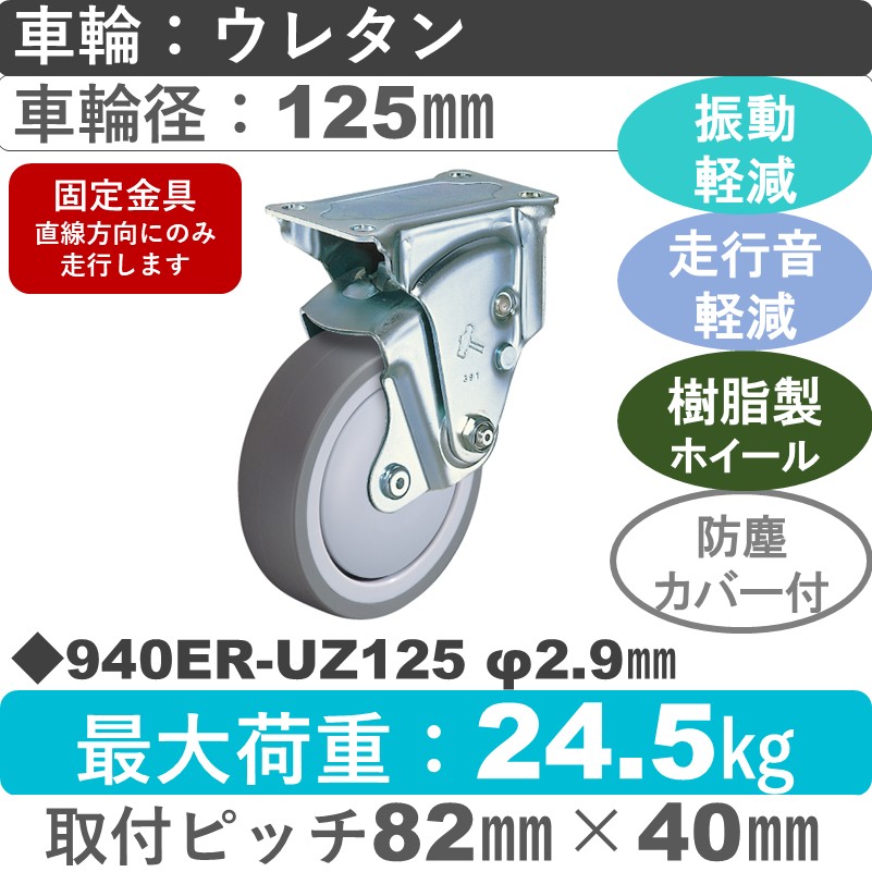 940ER-UZ125 2.9 ハンマーキャスター クッションキャスター 固定金具 ウレタン車(熱可塑性・B入)125㎜