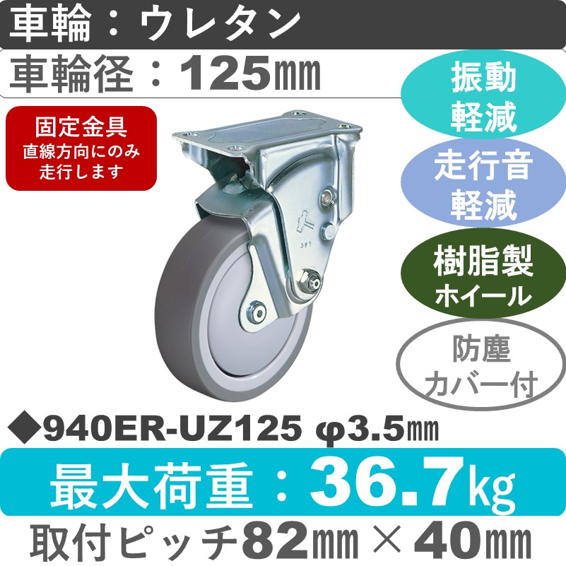 940ER-UZ125 3.5 ハンマーキャスター クッションキャスター 固定金具 ウレタン車(熱可塑性・B入)125㎜