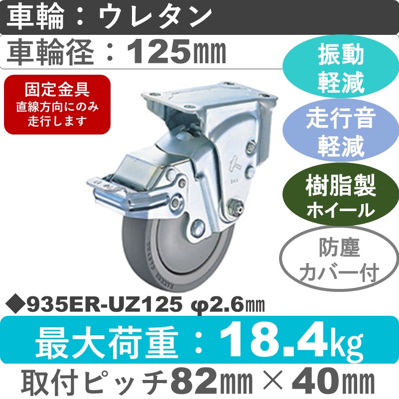 935ER-UZ125 2.6 ハンマーキャスター クッションキャスター ストッパー付固定金具 ウレタン車(熱可塑性・B入)125㎜