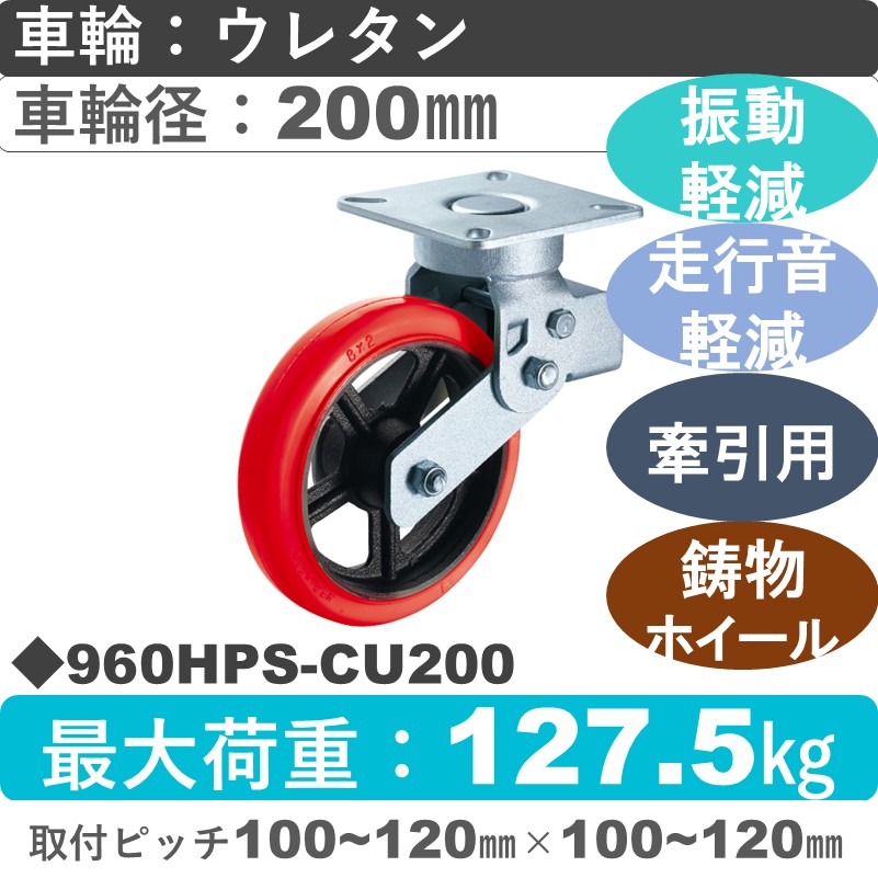 960HPS-CU200 ハンマーキャスター 牽引可クッションキャスター 自在金具 ウレタン車(熱硬化性・B入)200㎜