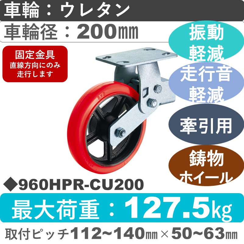 960HPR-CU200 ハンマーキャスター 牽引可クッションキャスター 固定金具 ウレタン車(熱硬化性・B入)200㎜