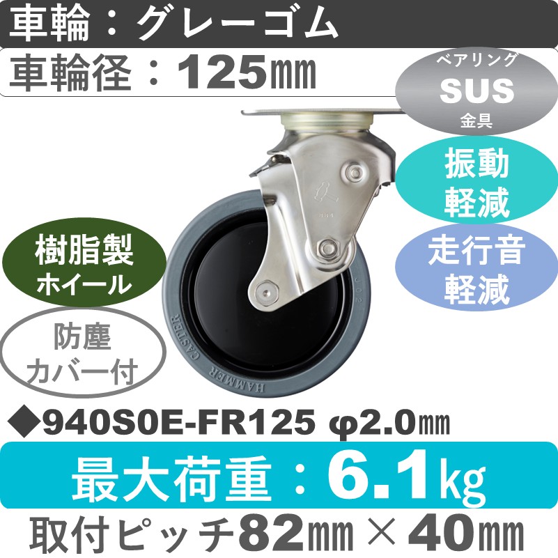 940S0E-FR125 S-20 ハンマーキャスター クッションキャスター 自在金具 ゴム(B入)車125㎜