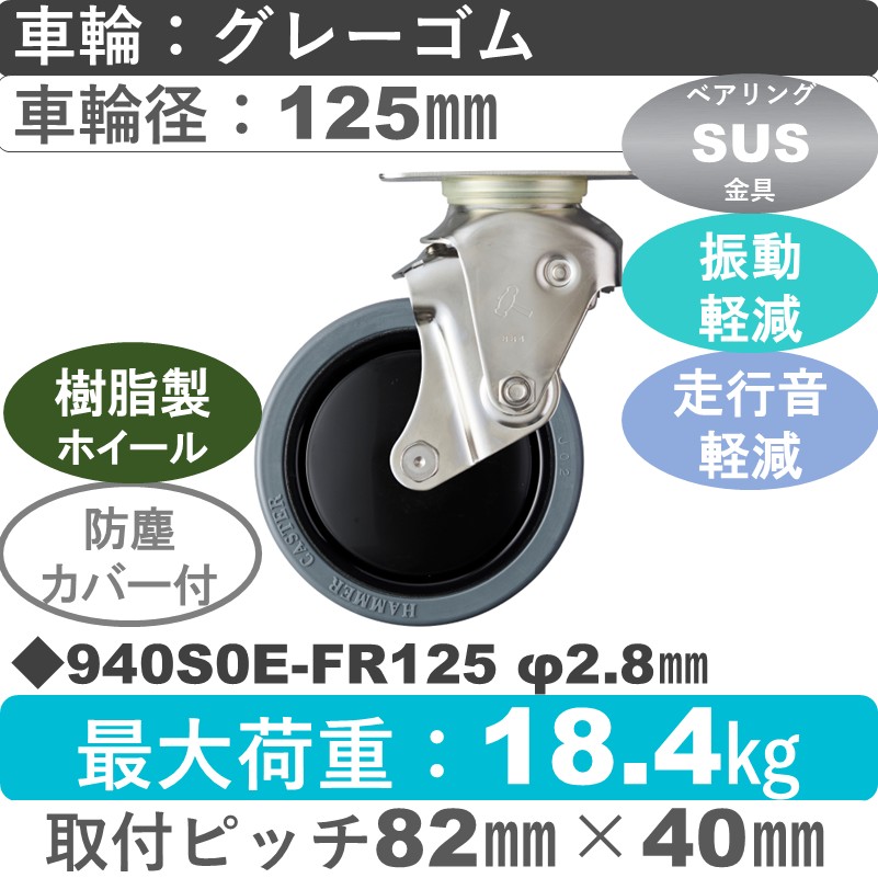 940S0E-FR125 S-28 ハンマーキャスター クッションキャスター 自在金具 ゴム(B入)車125㎜