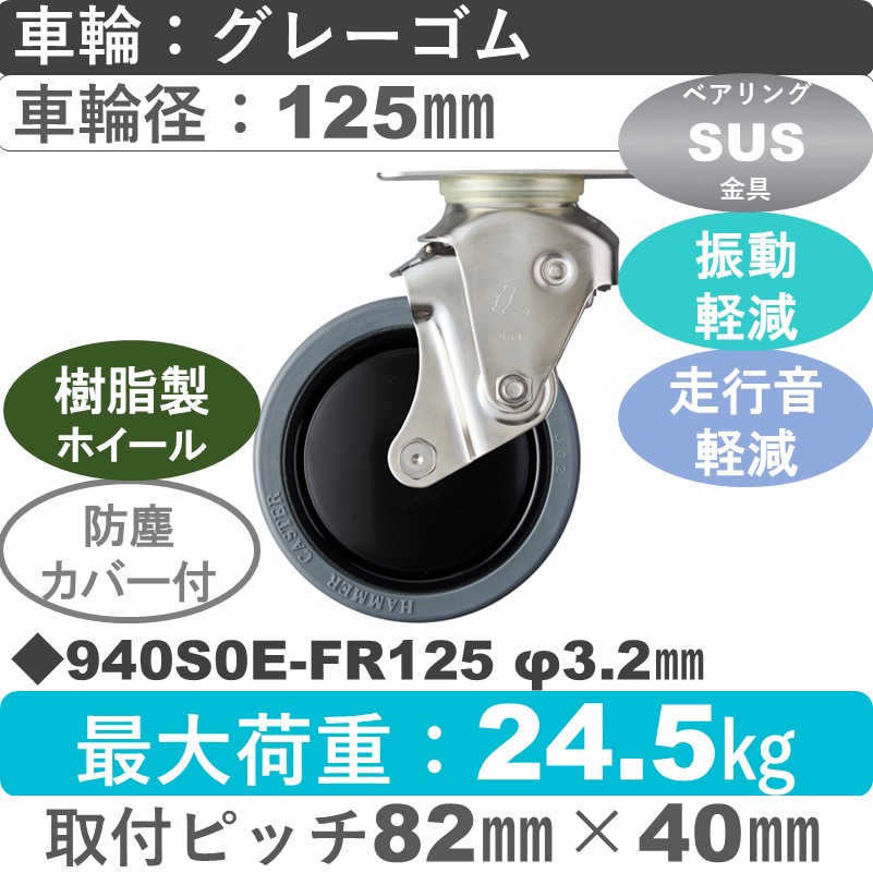 940S0E-FR125 S-32 ハンマーキャスター クッションキャスター 自在金具 ゴム(B入)車125㎜
