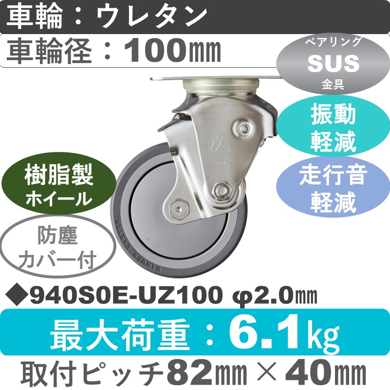 940S0E-UZ100 S-20 ハンマーキャスター クッションキャスター 自在金具 ウレタン車(熱可塑性・B入)100㎜