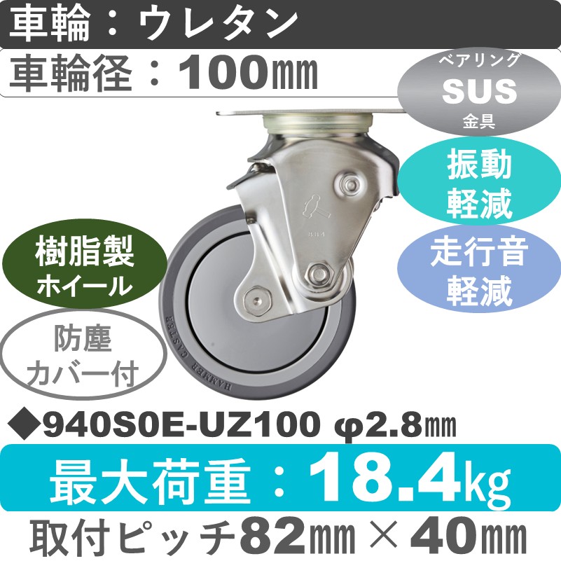 940S0E-UZ100 S-28 ハンマーキャスター クッションキャスター 自在金具 ウレタン車(熱可塑性・B入)100㎜