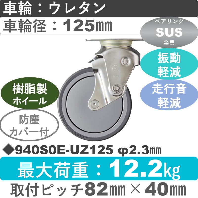 940S0E-UZ125 S-23 ハンマーキャスター クッションキャスター 自在金具 ウレタン車(熱可塑性・B入)125㎜