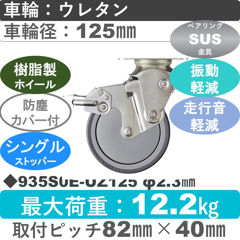 935S0E-UZ125 S-23 ハンマーキャスター クッションキャスター ストッパー付自在金具 ウレタン車(熱可塑性・B入)125㎜