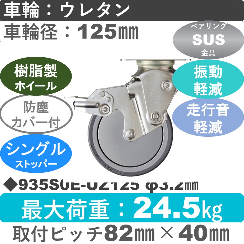 935S0E-UZ125 S-32 ハンマーキャスター クッションキャスター ストッパー付自在金具 ウレタン車(熱可塑性・B入)125㎜