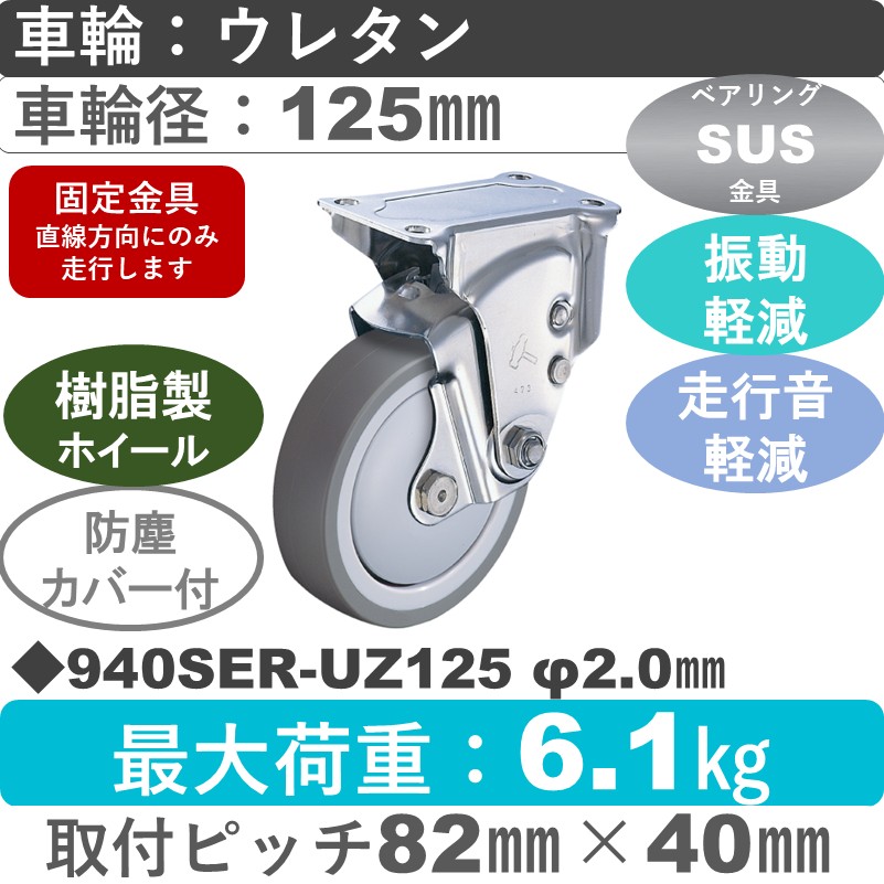 940SER-UZ125 S-20 ハンマーキャスター クッションキャスター 固定金具 ウレタン車(熱可塑性・B入)125㎜