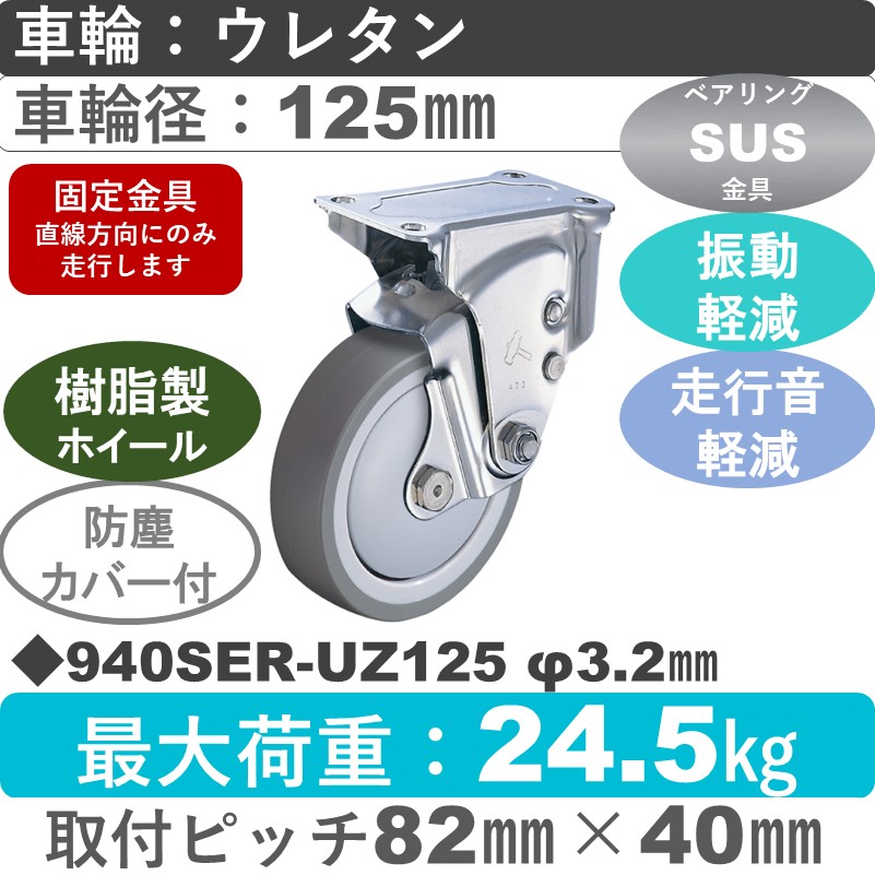 940SER-UZ125 S-32 ハンマーキャスター クッションキャスター 固定金具 ウレタン車(熱可塑性・B入)125㎜