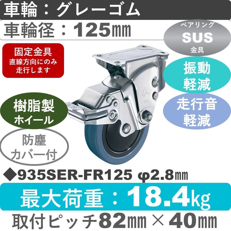 935SER-FR125 S-28 ハンマーキャスター クッションキャスター ストッパー付固定金具 ゴム(B入)車125㎜