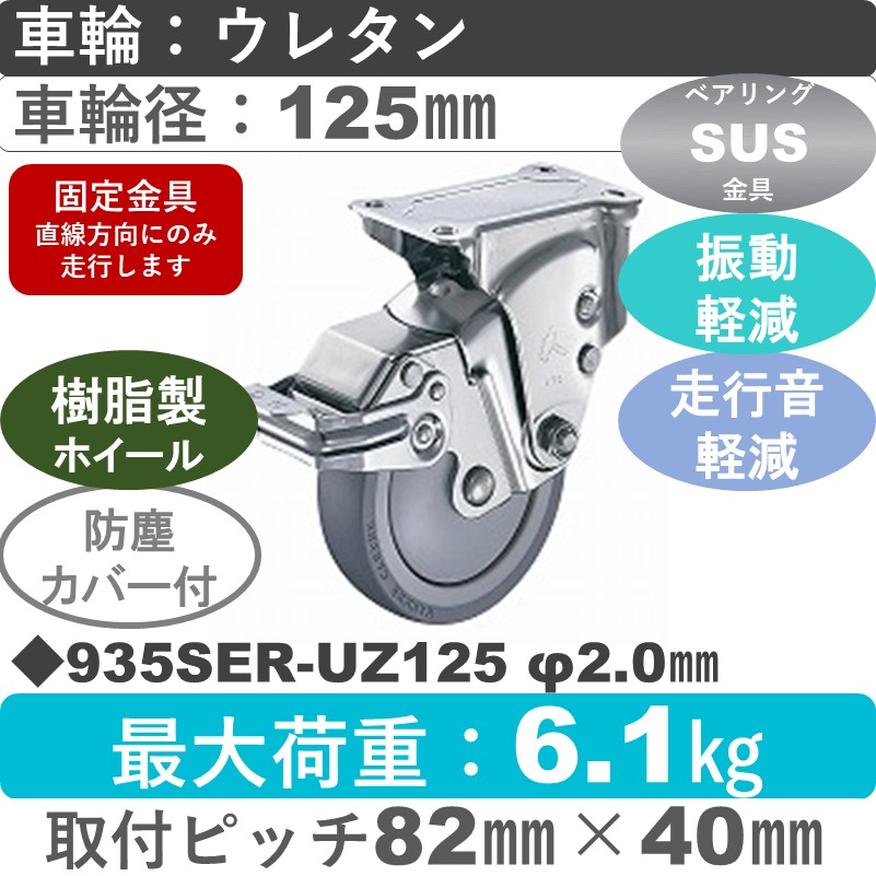 935SER-UZ125 S-20 ハンマーキャスター クッションキャスター ストッパー付固定金具 ウレタン車(熱可塑性・B入)125㎜