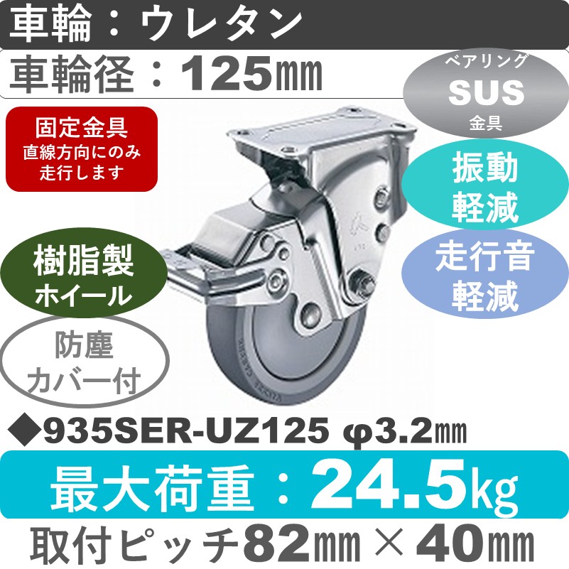 935SER-UZ125 S-32 ハンマーキャスター クッションキャスター ストッパー付固定金具 ウレタン車(熱可塑性・B入)125㎜