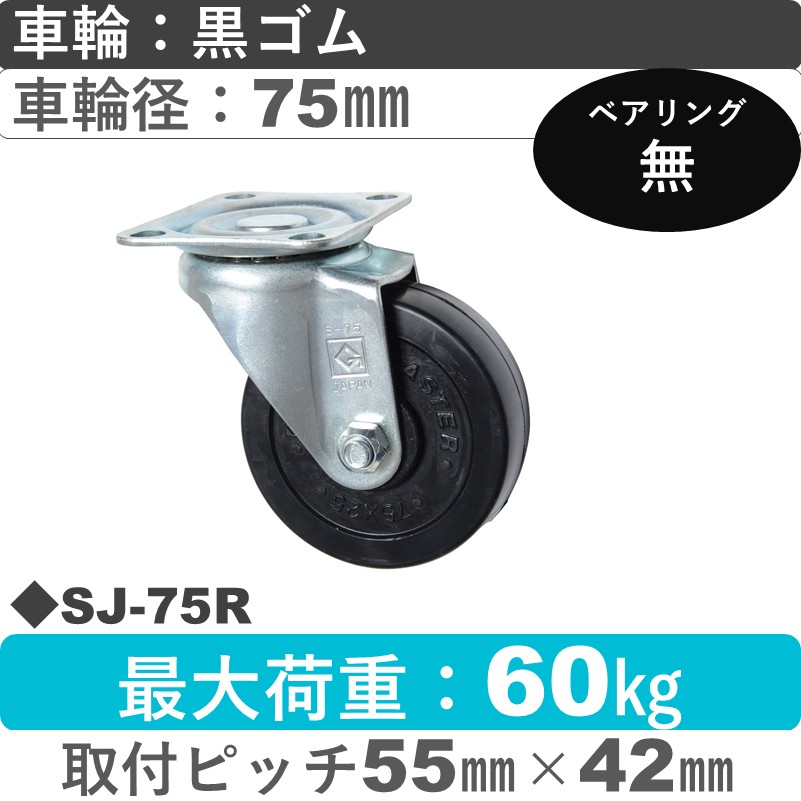 SJ-75 R ゴールドキャスター 自在金具 ゴム車輪75㎜