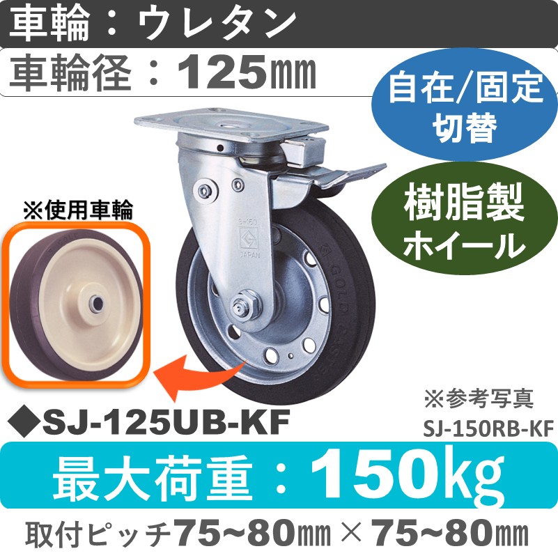 SJ-125 UB-KF ゴールドキャスター 自在固定切替金具 ウレタン車輪125㎜