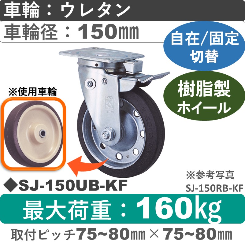 SJ-150 UB-KF ゴールドキャスター 自在固定切替金具 ウレタン車輪150㎜