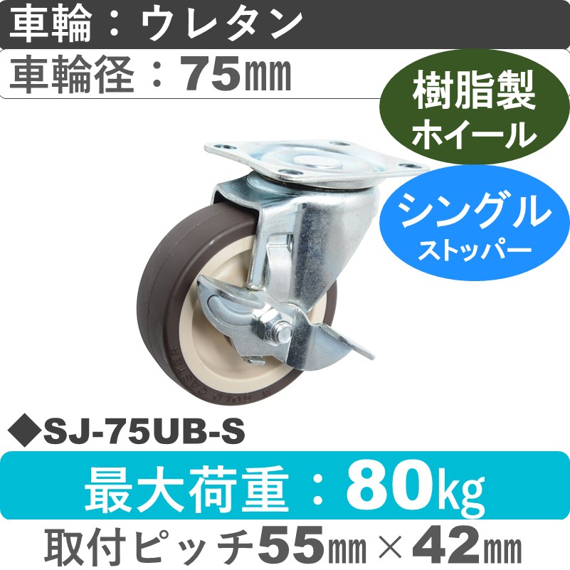 SJ-75 UB-S ゴールドキャスター  ストッパー付自在金具 ウレタン車輪75㎜
