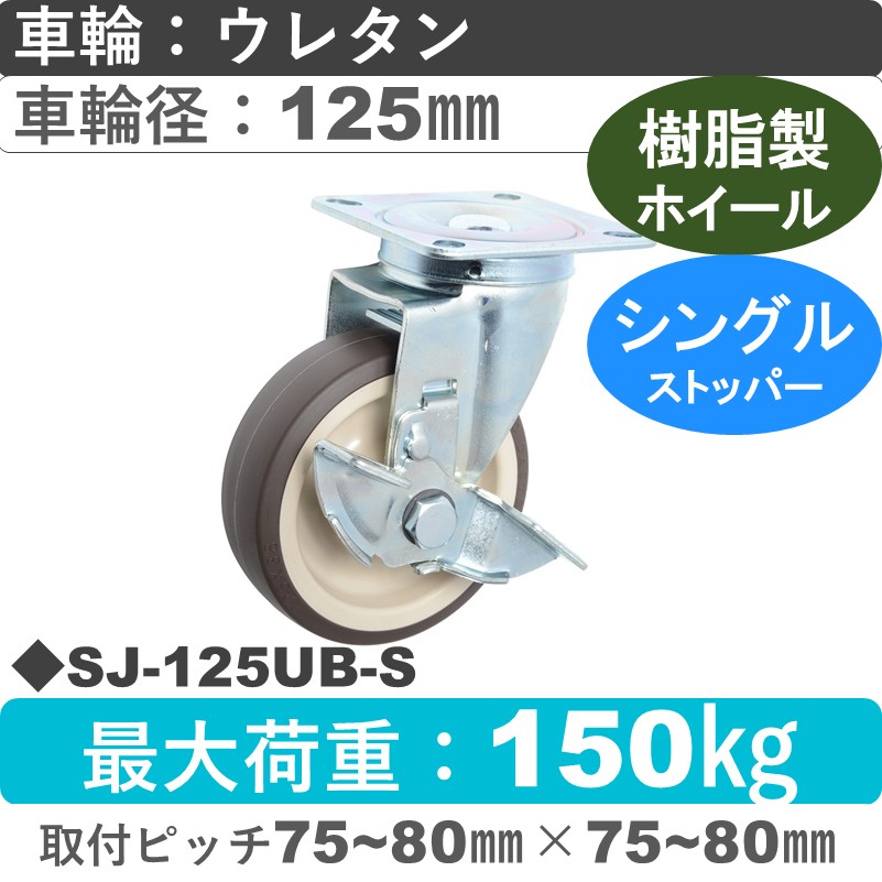 SJ-125 UB-S ゴールドキャスター  ストッパー付自在金具 ウレタン車輪125㎜
