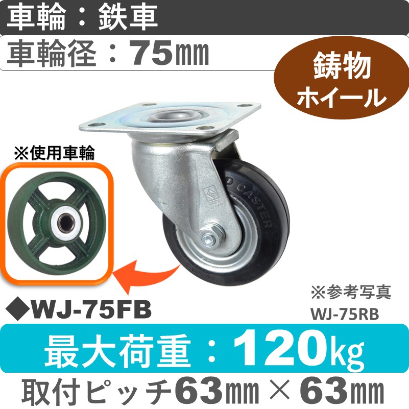 WJ-75 FB ゴールドキャスター 自在金具 鉄車輪75㎜