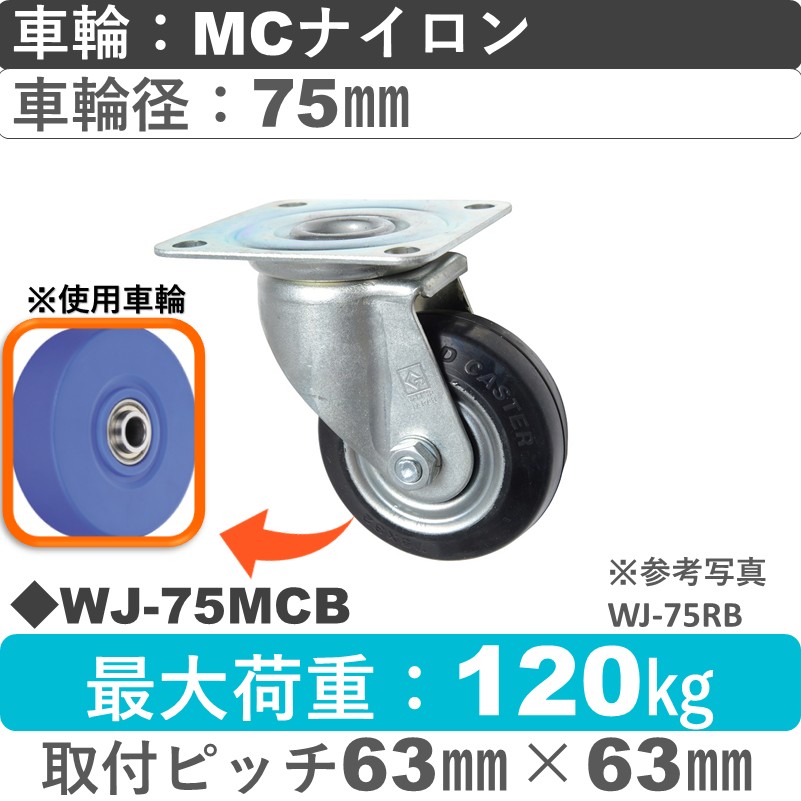 WJ-75 MCB ゴールドキャスター 自在金具 MCナイロン車輪75㎜