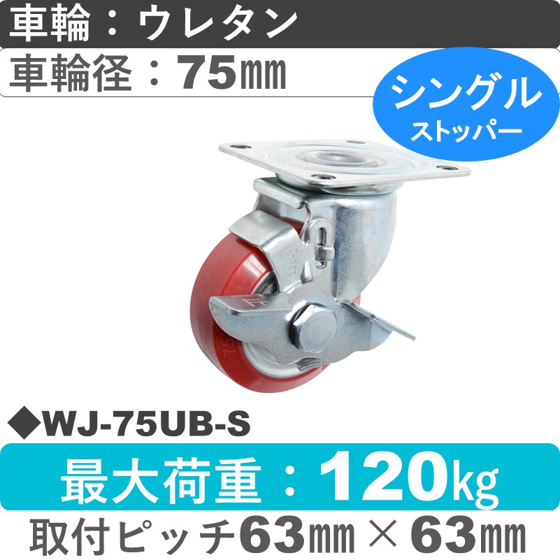 WJ-75 UB-S ゴールドキャスター  ストッパー付自在金具 ウレタン車輪75㎜