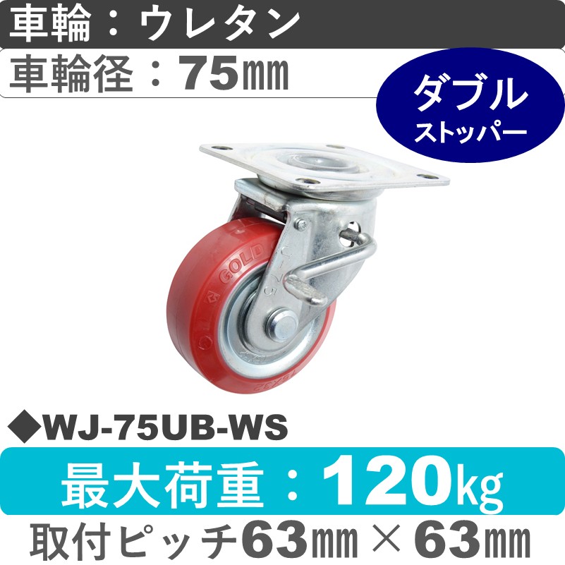 WJ-75 UB-WS ゴールドキャスター  ストッパー付自在金具 ウレタン車輪75㎜