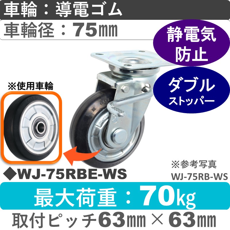 WJ-75 RBE-WS ゴールドキャスター  ストッパー付自在金具 導電ゴム車輪75㎜