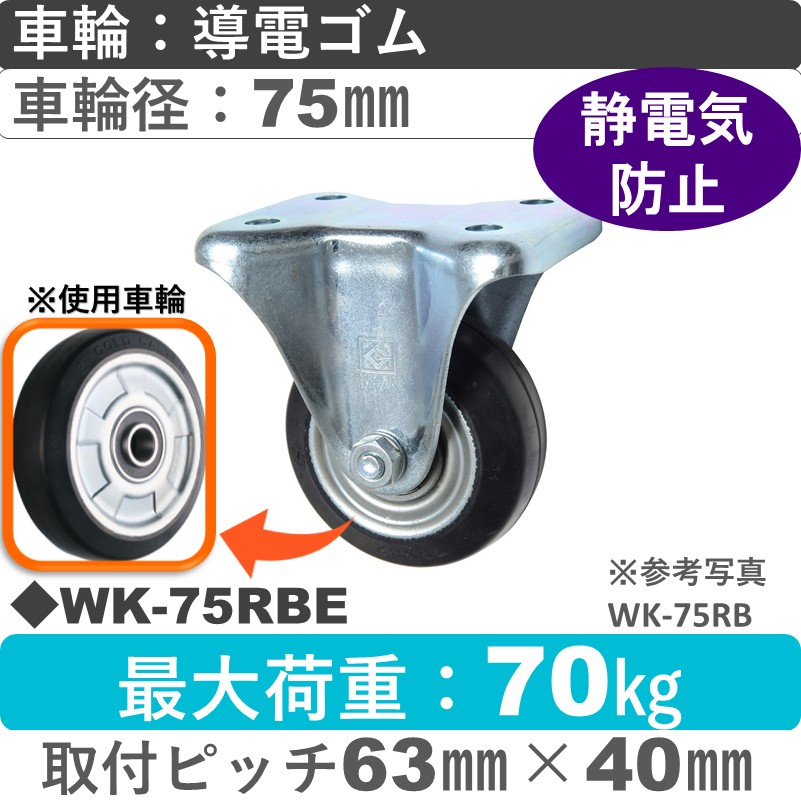 WK-75 RBE ゴールドキャスター 固定金具 導電ゴム車輪75㎜