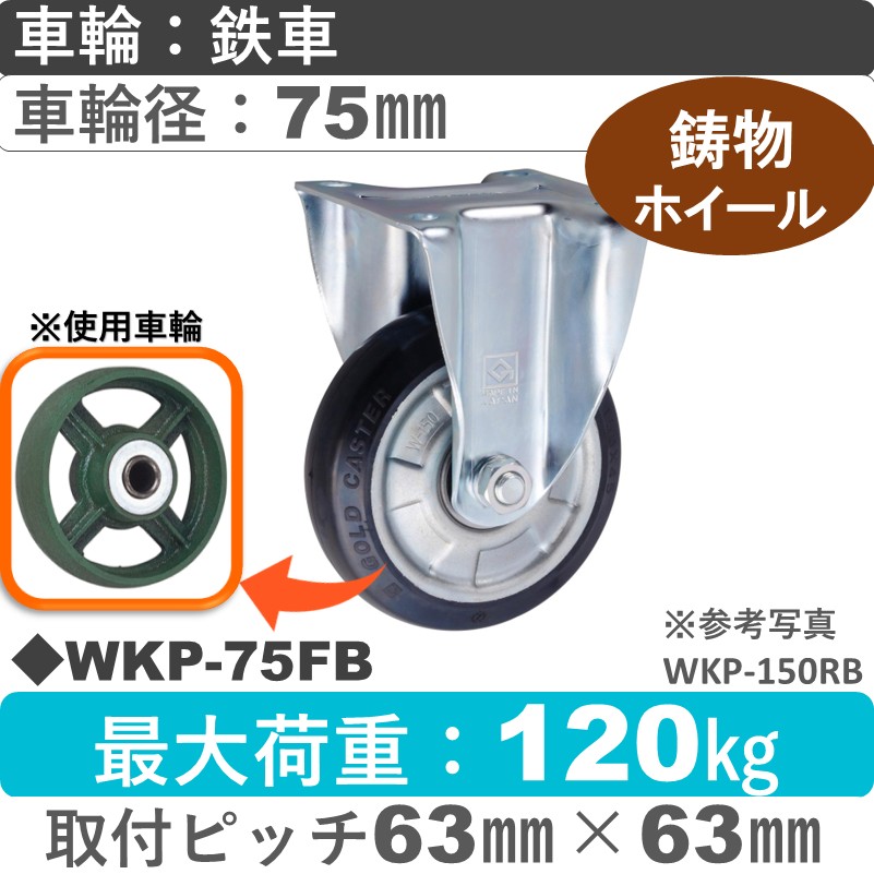 WKP-75 FB ゴールドキャスター 固定金具 鉄車輪75㎜