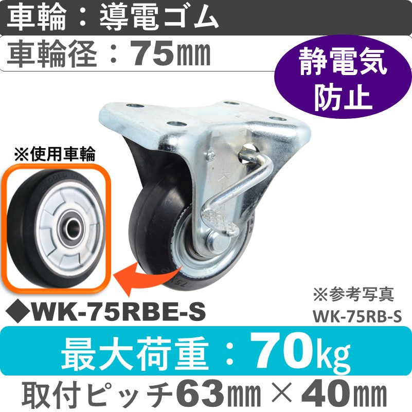 WK-75 RBE-S ゴールドキャスター  ストッパー付固定金具 導電ゴム車輪75㎜
