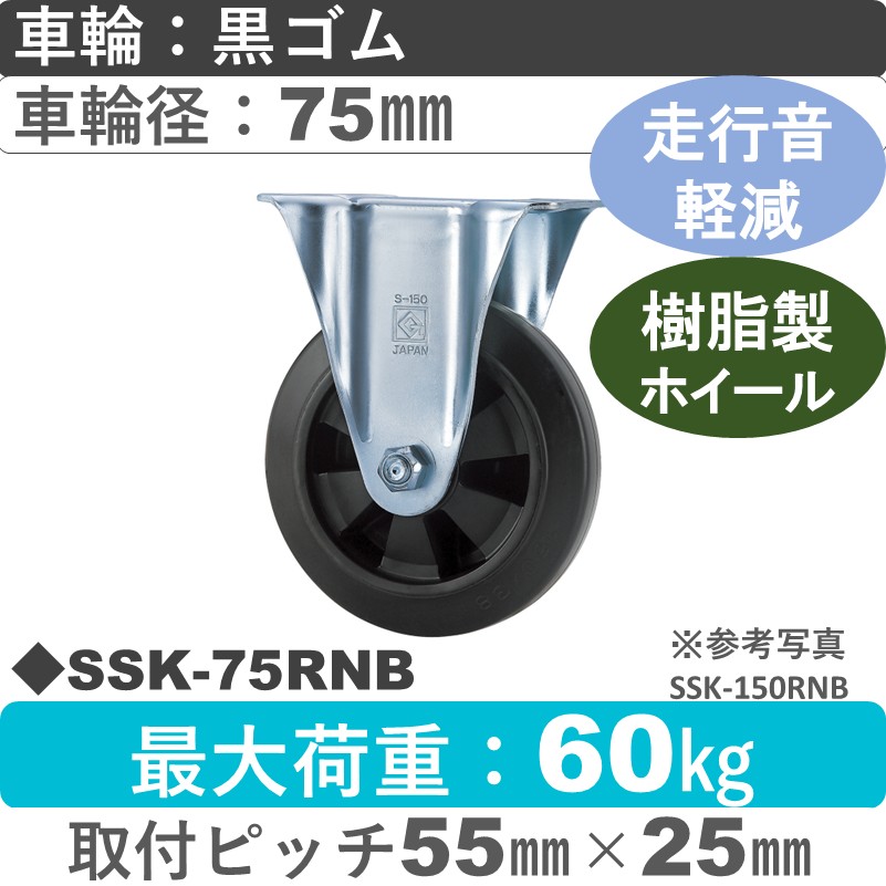 SSK-75 RNB ゴールドキャスター 静音固定金具 ゴム(樹脂ホイール)車輪75㎜